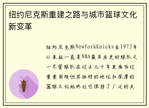 纽约尼克斯重建之路与城市篮球文化新变革 纽约尼克斯重建之路与城市篮球文化新变革