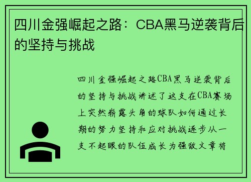 四川金强崛起之路：CBA黑马逆袭背后的坚持与挑战