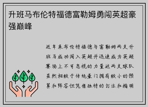 升班马布伦特福德富勒姆勇闯英超豪强巅峰
